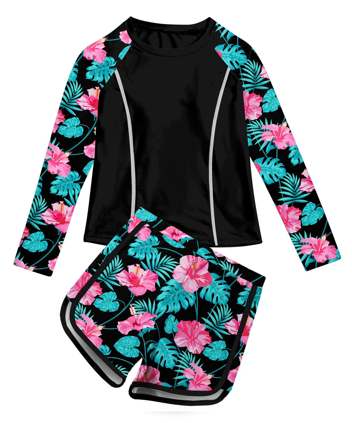 Vogseek Little Girl Swimsuits 7 8 Year Old Kids Black Flower Rash Guard Bathing Suits Size 8 Girl's 3D Floral Print Hawaiian Swim Shorts with Long Sleeve Slim Fit Rashguard Shirt 8Y Swimwear Set