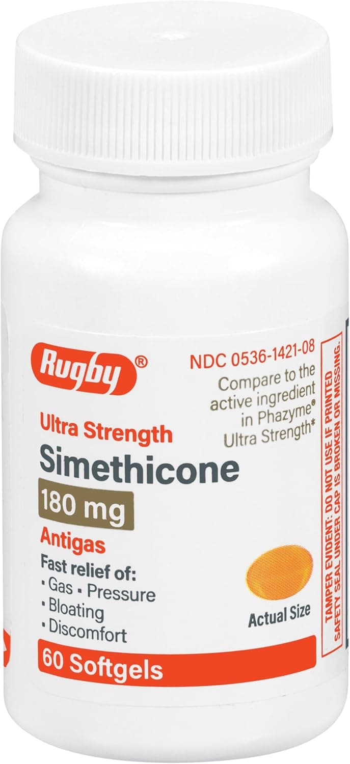 Rugby Ultra Strength Simethicone Gas Relief 180 mg - Maximum Gas Relief for Adults - Anti Flatulence, Bloating Aid, and Gas Fullness Reliever Pills - 60 Softgels (1 Pack)