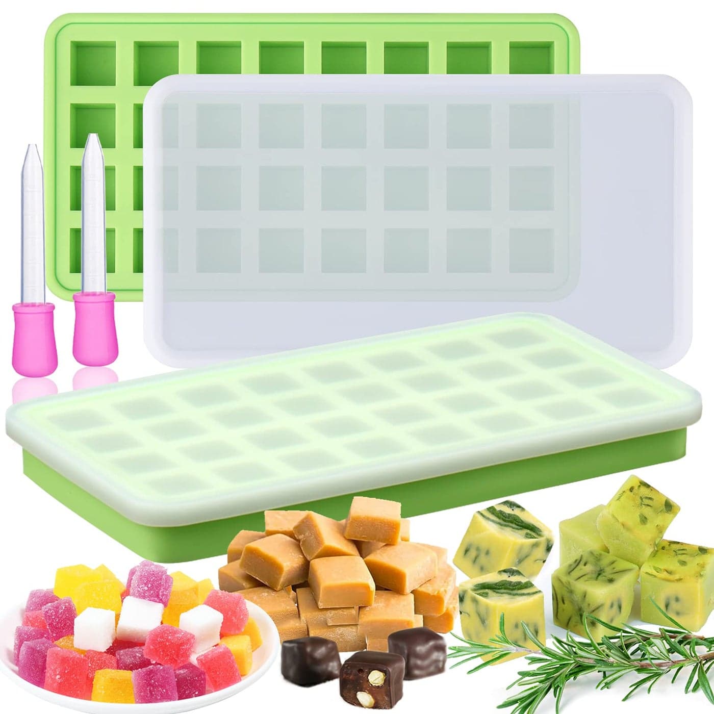 AIERSA 2Pcs Silicone Molds for HerbInfused Oil Cubes 32 Cavity Candy Gummy Molds with Lids 2 Droppers for DIY 58x58x58in Square Gummies Homemade Herbal Blocks Jello Pralines Caramels