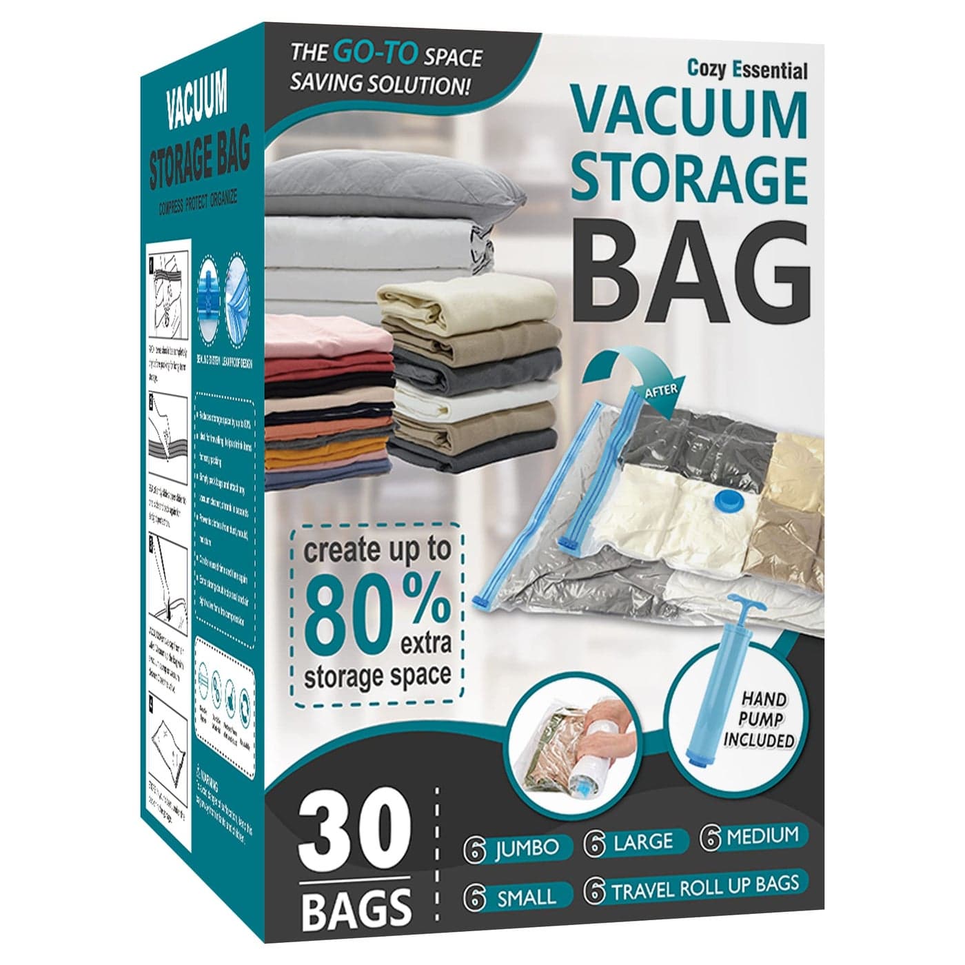 30 Pack Vacuum Storage Bags Space Saver Vacuum Storage Bags Vacuum Seal Bags for Clothing Clothes Comforters and Blankets Hand Pump Included
