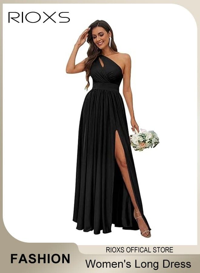 Women's Elegant Evening Dress, One Side Shoulder Sleeveless Split High Waist Bodycon Long Dress, Wedding Guest Dress, Ladies High Slit Dresses For Formal Business Party, Black Tie Gala Evening Gown, Asymmetrical Neckline Formal Dress, Off-Shoulder Formal Gown