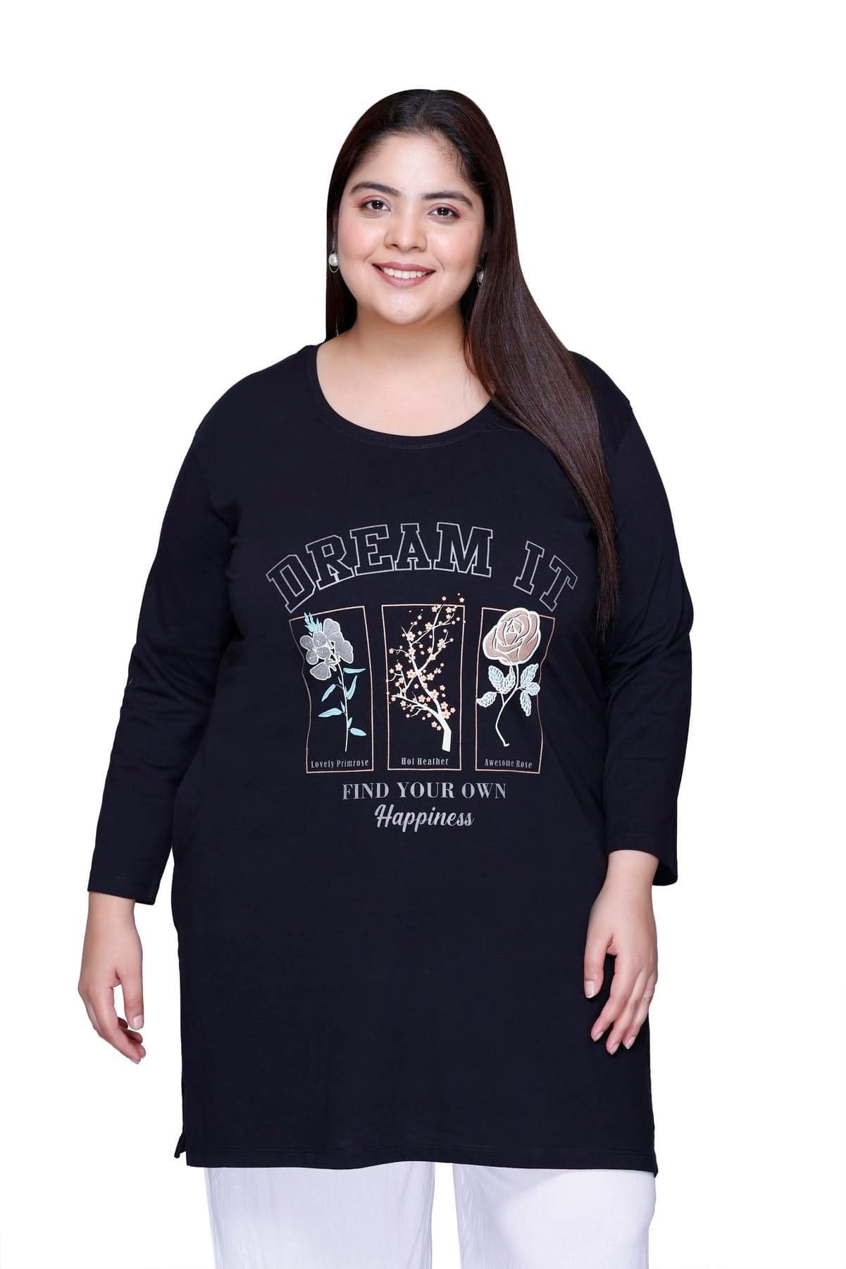 In Love Women's Cotton Relaxed Fit Chest Printed Full Sleeve Plus Size Long T-Shirt,FSLP570F01_XL, Black