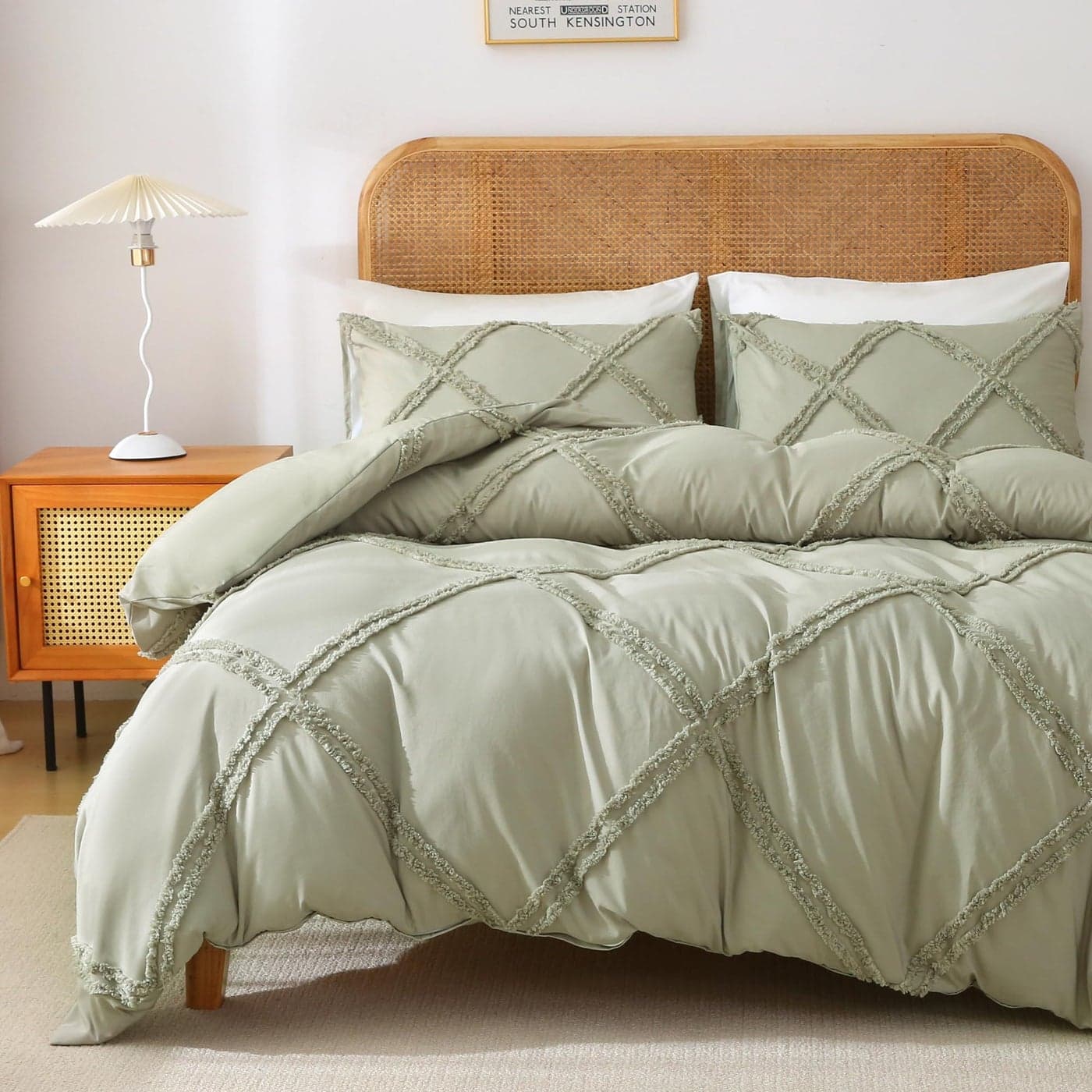 MILDLY Boho Duvet Cover Mist Sage Tufted Geometric Textured Queen Size Comforter Cover Set with Corner Ties Zipper Closure