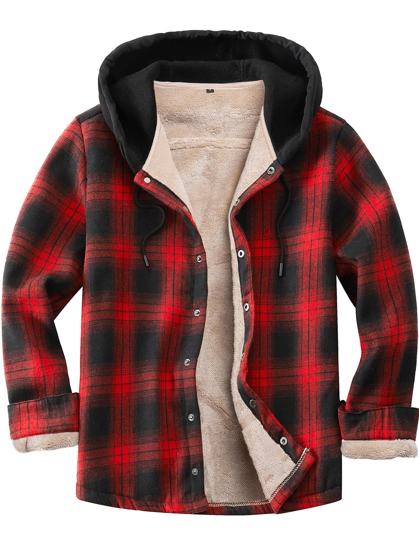 IVUMA Mens Cotton Plaid Long Sleeve Button Down Shirt Fleece Lined Flannel Sherpa Hood Coat JacketsRed L