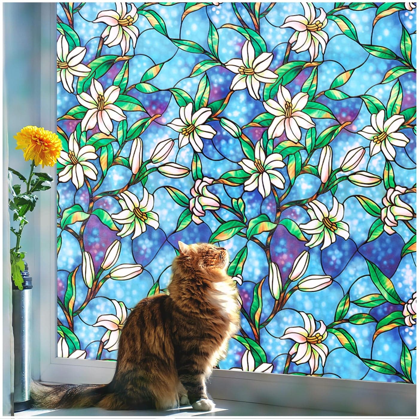 Coavas Decorative Window Privacy Film Heat Control Sun Blocking Stained Glass Window Film Floral Design Static Cling Non Adhesive Windows Tint for Bathroom Front DoorVinyl 236 x 787