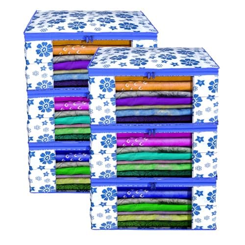 Kuber Industries Non-Woven Floral Print Saree Covers With Zip|Foldable Wardrobe Organizer For Clothes|Saree Bags Keep 8 To 10 Saree|Suitable For Lehenga,Suit,Dress|Pack Of 6 (White & Blue) 330x220 mm