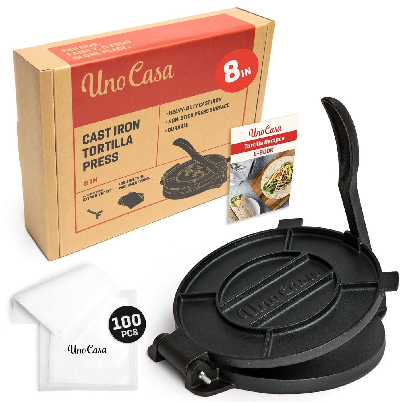 Uno Casa Cast Iron Tortilla Press 8 Inch Tortilla Maker Press PreSeasoned Roti Maker with 100 Pcs Parchment Paper Heavy Duty Quesadilla Maker for Homemade Flatbreads Rotis Empanadas