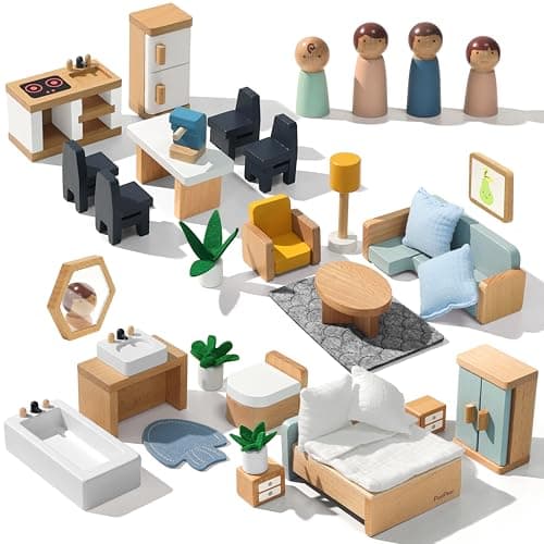 PairPear Wooden Toys Dollhouse Furniture PlaysetNatural Wood Pretend Play Furnitures with Family DollsDollhouse Accessories Toys Gift for Girls and Boys 3 Year and Up