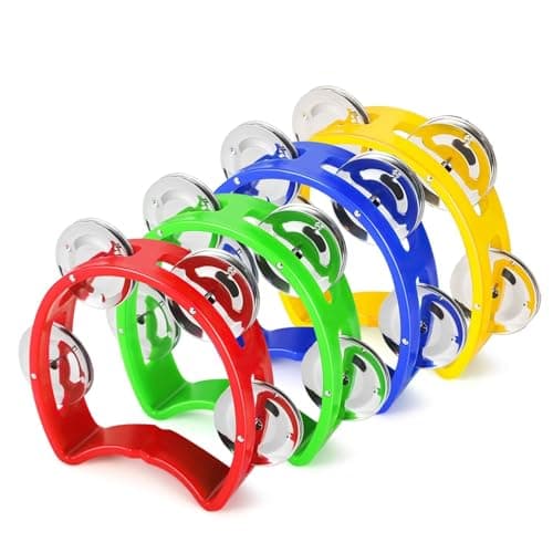 Flexzion Half Moon Musical Tambourine Set of 4 Red Yellow Blue Green Double Row Metal Jingles Hand Held Percussion Drum with Ergonomic Handle Grip