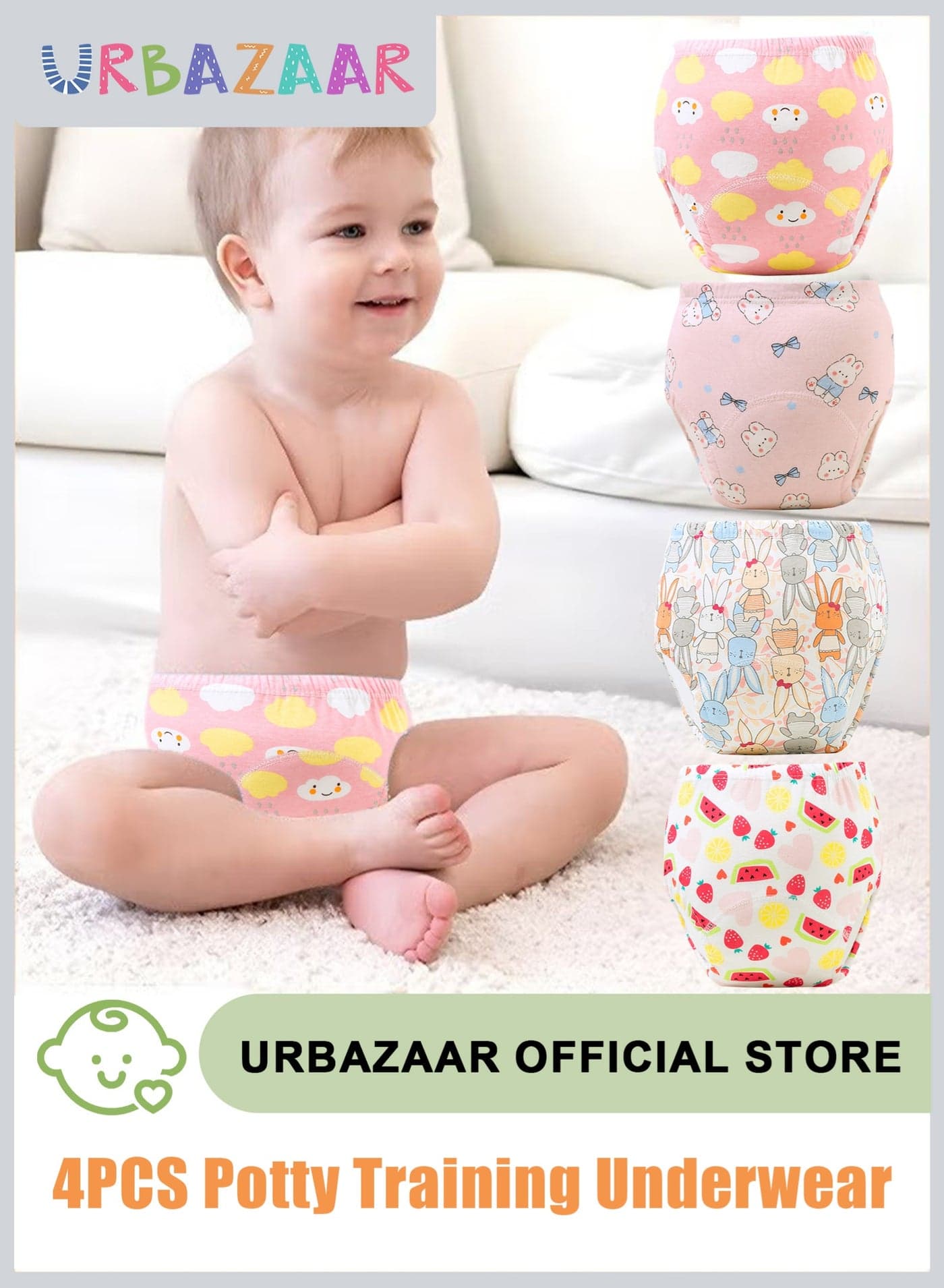 Baby Potty Training Underwear for Boys and Girls, 4 Pack Absorbent Training Pants for Toddlers with Printed Reusable Cotton Toilet Training Pants for 8-13kg Kids (2-4 Years)