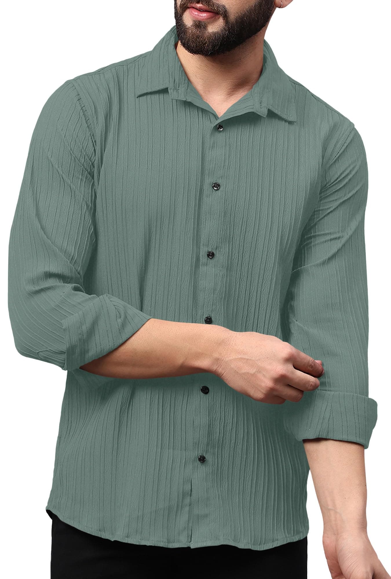 FINIVO FASHION Men's Casual Button Down Shirts Long Sleeve Linen Shirt Fashion Textured Beach Summer Shirts Green