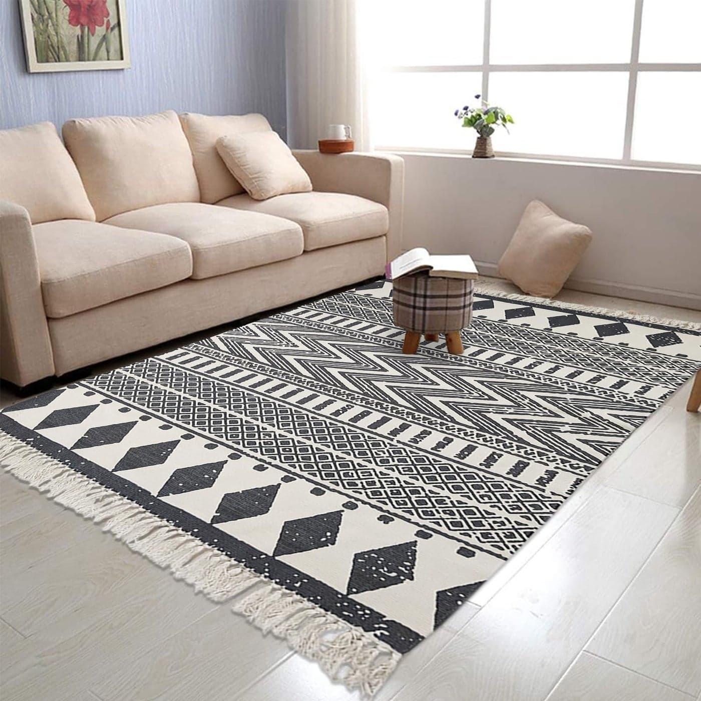 USTIDE Black Cream Living Room Rug Boho Runner Farmhouse Retro Shag Rag Rugs Large Natural Cotton Accent Area Rug Washable 4ftx6ft BlackWhite