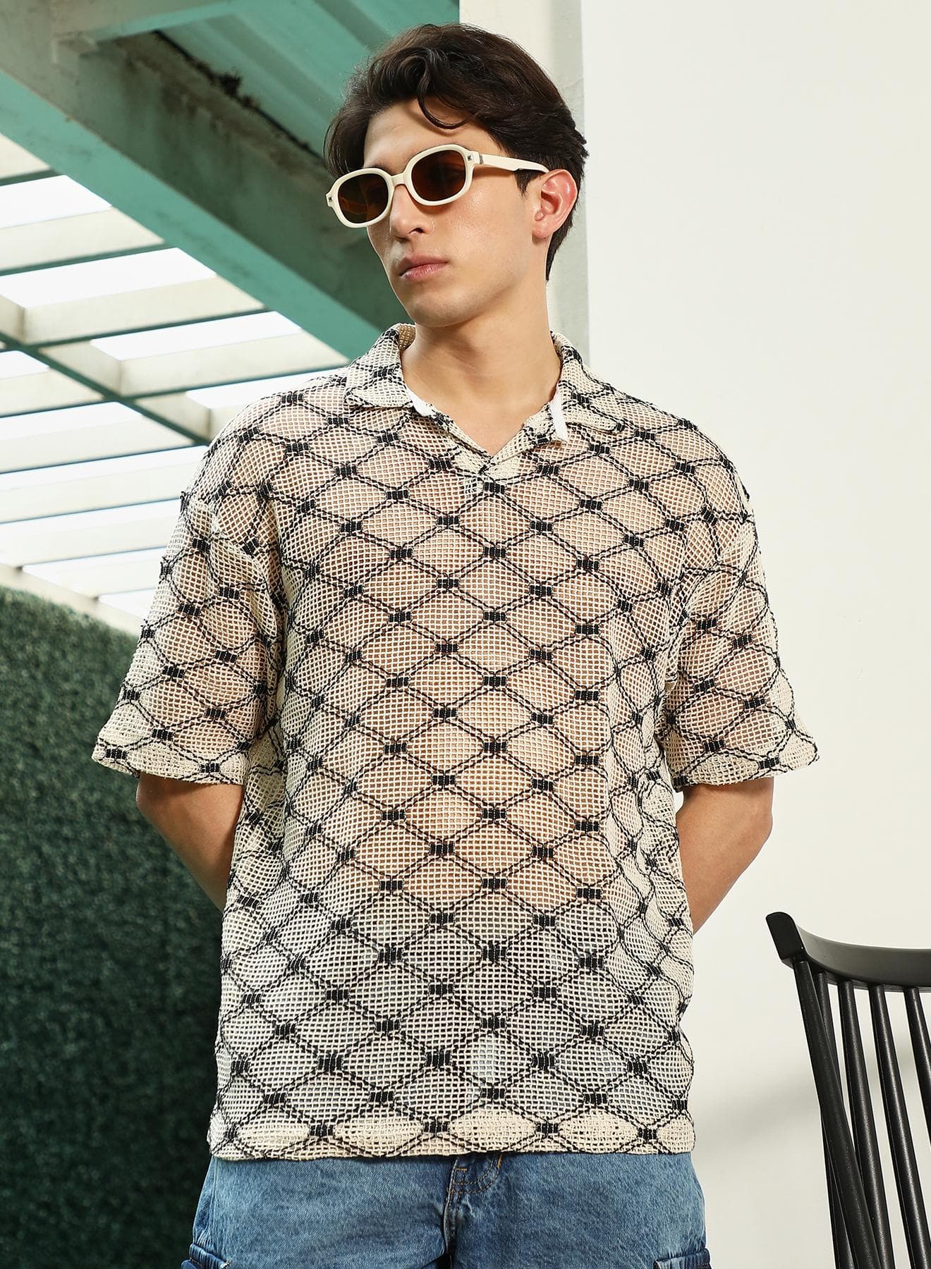 Men's Geometric Pattern Polo Collar Cotton T-Shirt