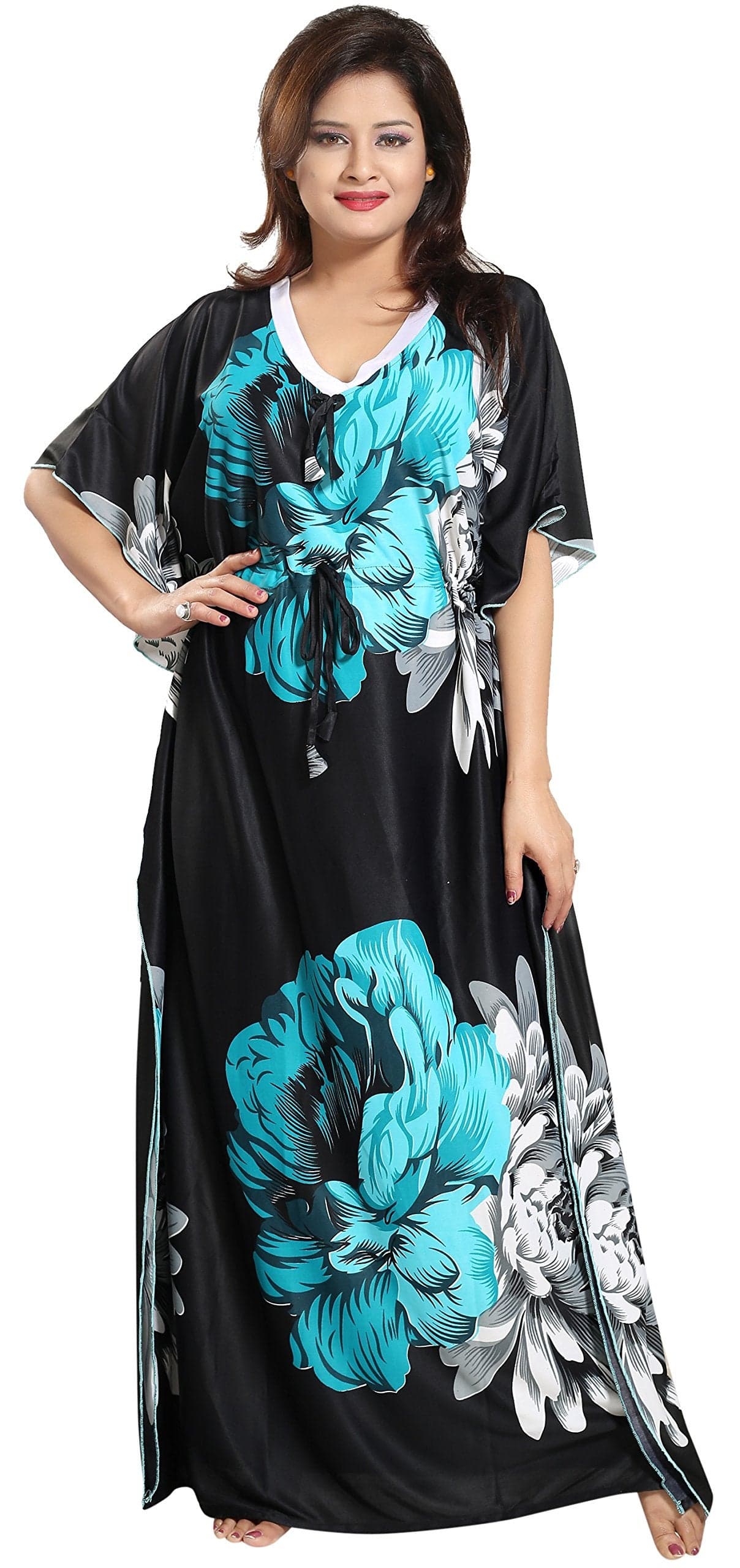 Noty Women's Kaftan Nighty | Serena Fabric | Floral Print Maxi | Short Sleeves | V Shaped Neck (XXX-Large, Green & Black)