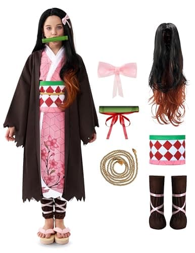 Spooktacular Creations Girls Kimono Costume Ninja Costumes Set with Wig for Kids Toddlers Pink Anime Outfits for Child Halloween Role Play Parties