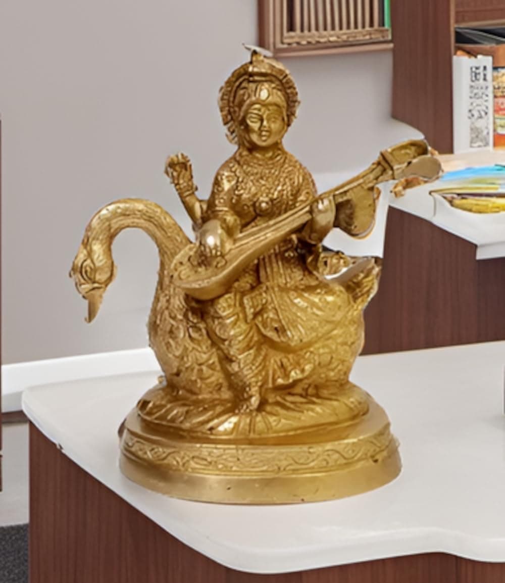 Purpledip Brass Statue Saraswati (Saraswathi): Hindu Goddess of Knowledge, Saraswati Idol Music & Art; Decor Gift (11006)
