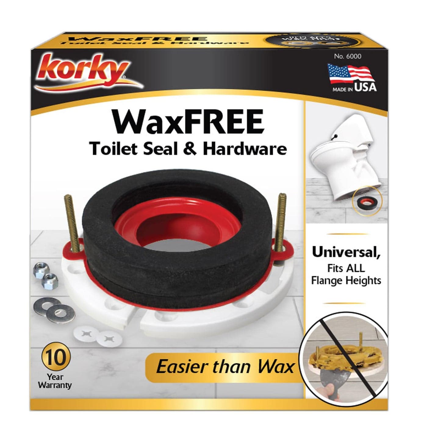 Korky 6000BP Universal Toilet WaxFree Seal with Hardware Toilet Installation Made Easy Made in USA Red
