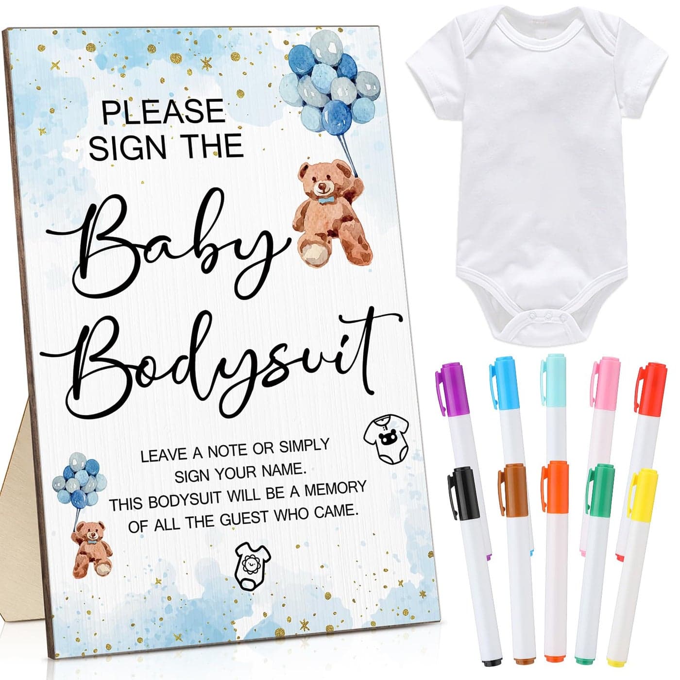 Qunclay 12 Pcs Baby Bodysuit Baby Shower Game Include 1 Game Wooden Sign Tabletop Decor 1 White Blank Newborn Bodysuit 10 Fabric Marker for Gender Reveal PartyBlue Bear