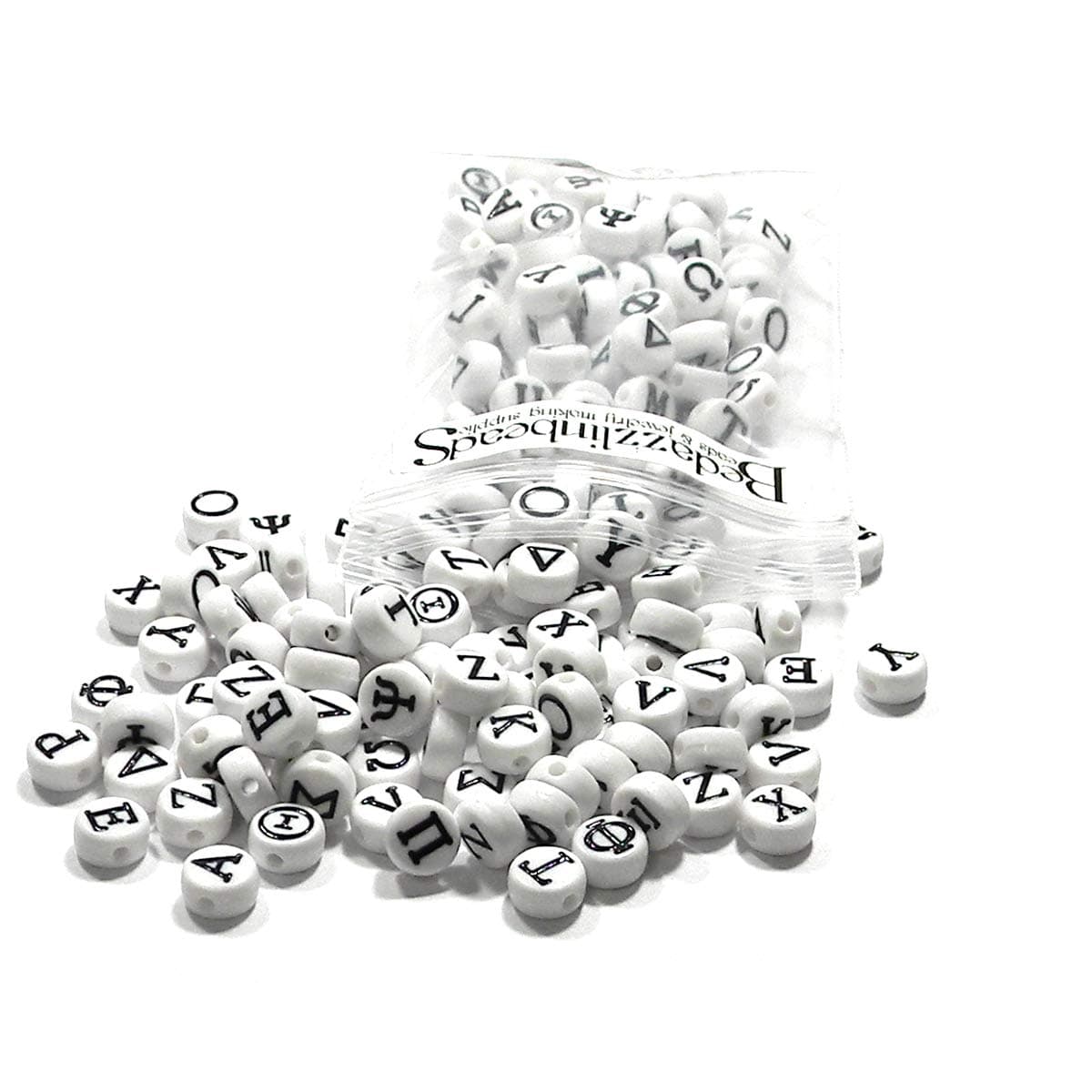 200 Assorted Greek Alphabet 7mm Flat Round Plastic Acrylic White Black Coin Letter Beads