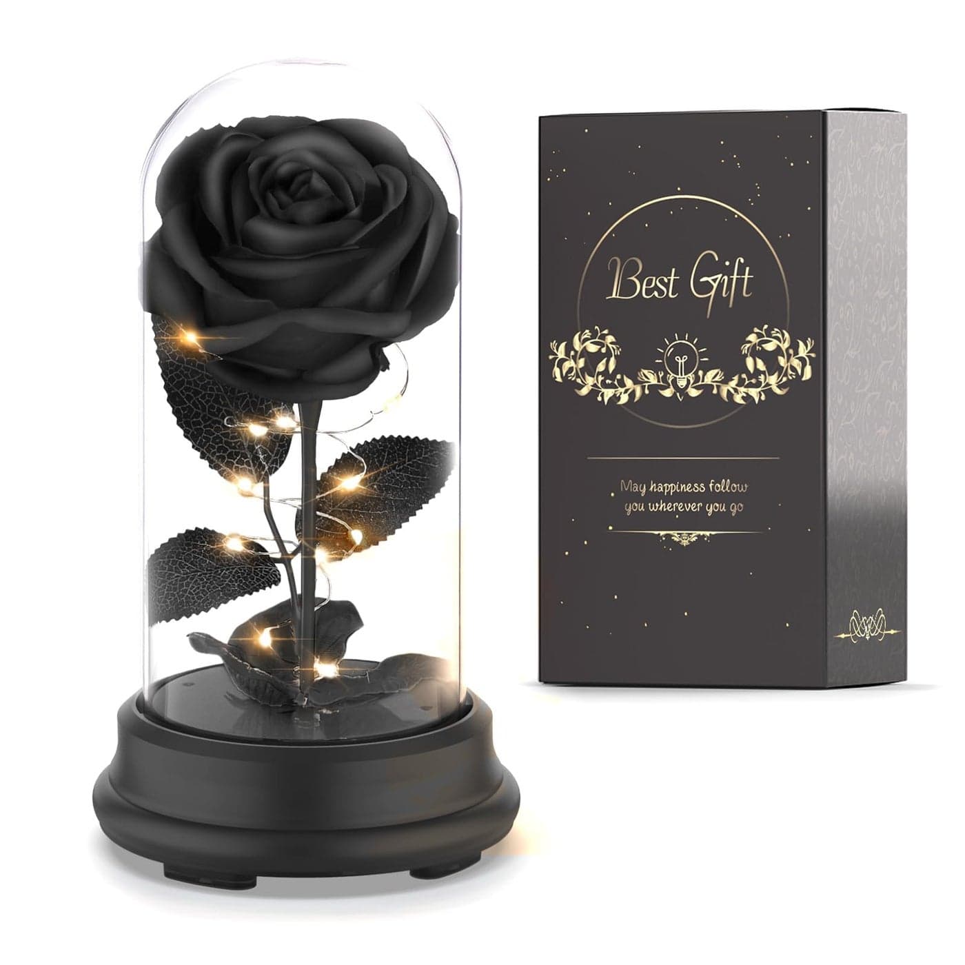 Deluxsa Forever Preserved Black Rose Birthday Gifts for WomenEternal Flower Gifts for MomWifeGrandmaLight Up Rose Flowers in A DomeBlack Flower Rose Presents for BirthdayAnniversaryValentines