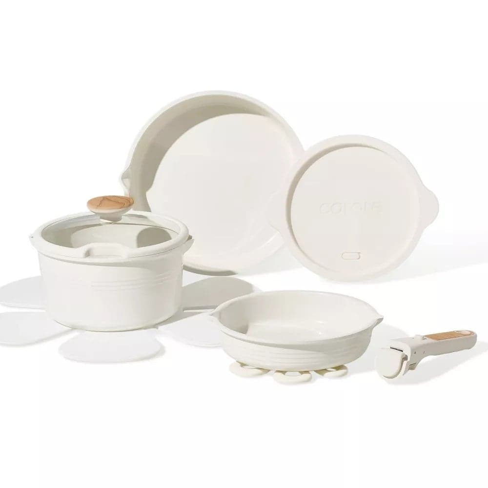 Carote 10-Piece Ceramic Nonstick Cookware Set with Detachable Handle, PFAS-Free Healthy Cooking Pots & Pans, Stackable Design with Pour Spouts, All-Stovetop Compatible, Dishwasher Safe (Cream)