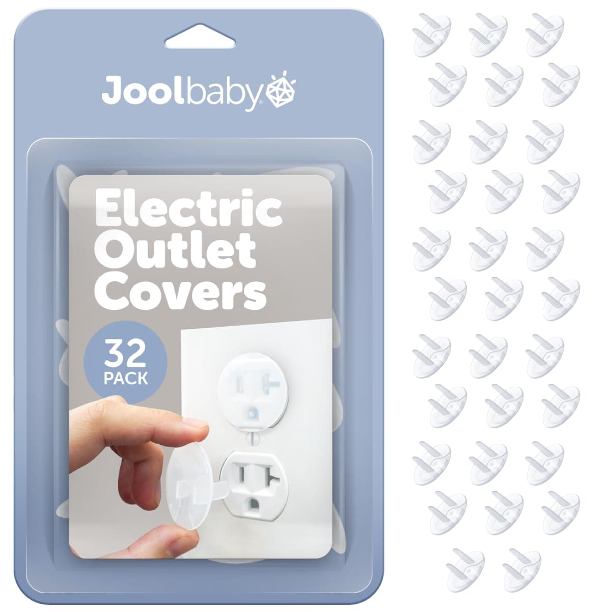 Jool Baby Outlet Covers 32 Pack for Child Safety Easy Adult Removal Plug Protectors for Baby Proofing Electric Sockets Transparent Design