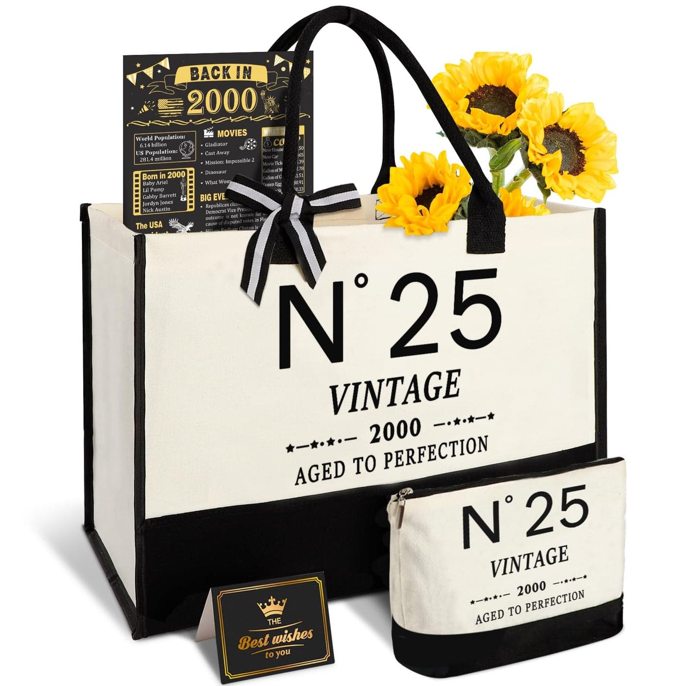 25th Birthday Gifts for Women Canvas Tote Bag Travel GearUnique 25 Years Old Gifts for Girlfriend Sister Coworker Friends Classmate Her Vintage N25 Handbag Cosmetic Bag Back in 2000 Poster
