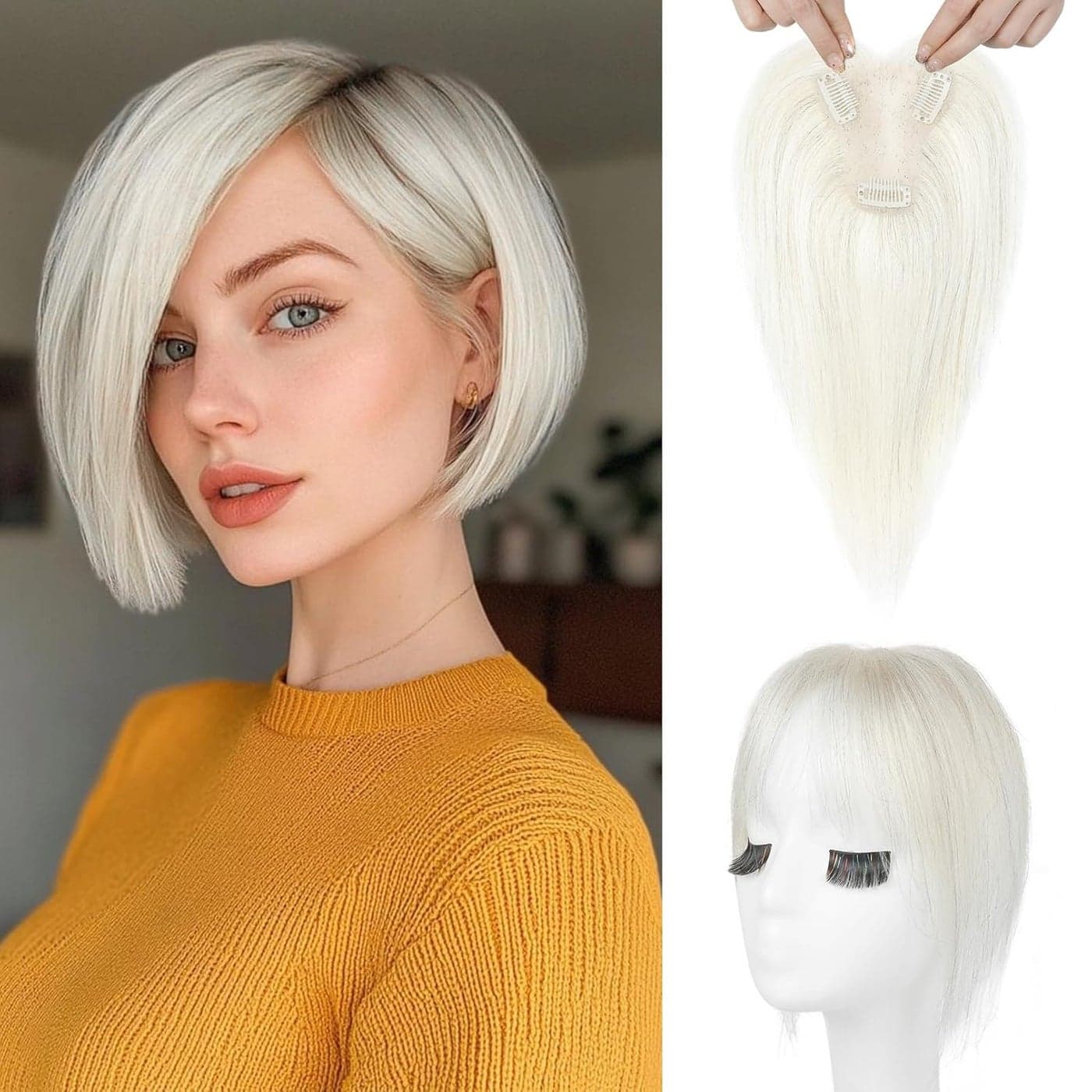 REECHO Hair Toppers for Women Real Human Hair Seamless Human Hair Toppers with Bangs 360 3D Cover Clip in Bangs Hair Extensions for Daily Wear Platinum Blonde