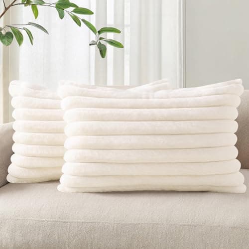 Pallene Faux Fur Plush Lumbar Throw Pillow Covers 12x20 Set of 2 Luxury Soft Fluffy Striped Decorative Pillow Covers for Sofa Couch Living Room Cream White