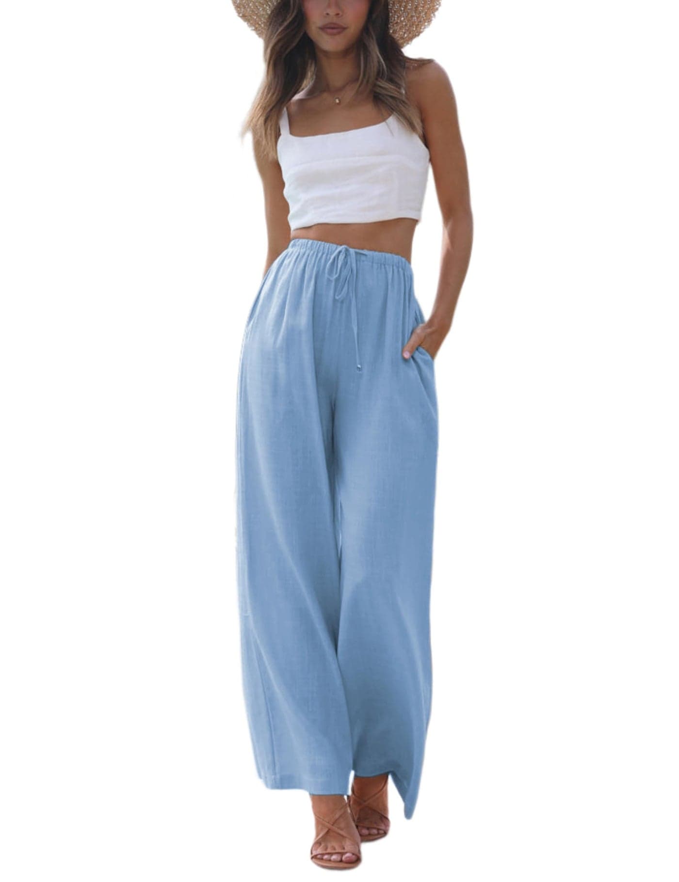 Faleave Women's Cotton Linen Summer Palazzo Pants Flowy Wide Leg Beach Trousers with Pockets(SkyBlue-S)