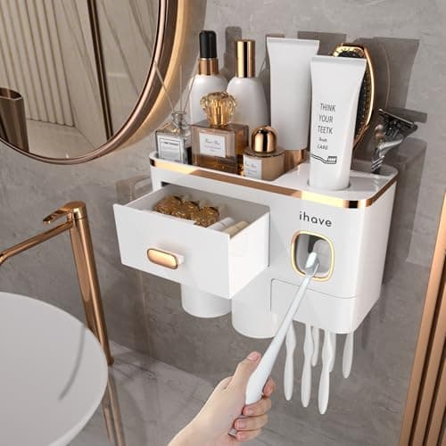 iHave Toothbrush Holders Wall Mounted with Toothpaste Dispenser & 2 Cups - Premium White and Gold Design for Bathroom Decor, All-in-One Bathroom Organizers & Storage for Toothbrushes and Accessories
