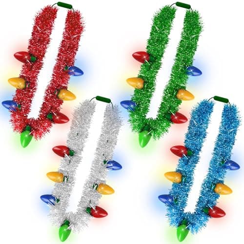 Light up Christmas Necklace 4PCS Tinsel Christmas Necklaces Accessories 7 Bulb Xmas Red Yellow Blue Green Silver Necklaces Party Supplies 3 Modes Necklace Accessories for Xmas Ugly Sweater New Year