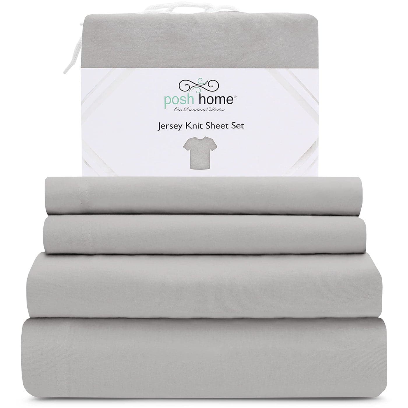 Posh Home Jersey Knit Sheet Set 4Piece Jersey Bed Sheets TShirt Breathable Soft Cotton Jersey Sheets Includes Flat Sheet Jersey Fitted Sheet 2 Pillowcases King Sheets Ashen Gray