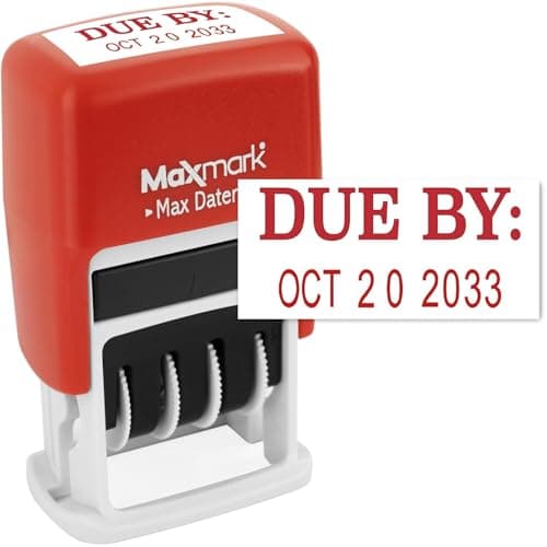 MaxMark Self-Inking Rubber Date Office Stamp with Due by Phrase & Date - Red Ink (Max Dater II), 12-Year Band