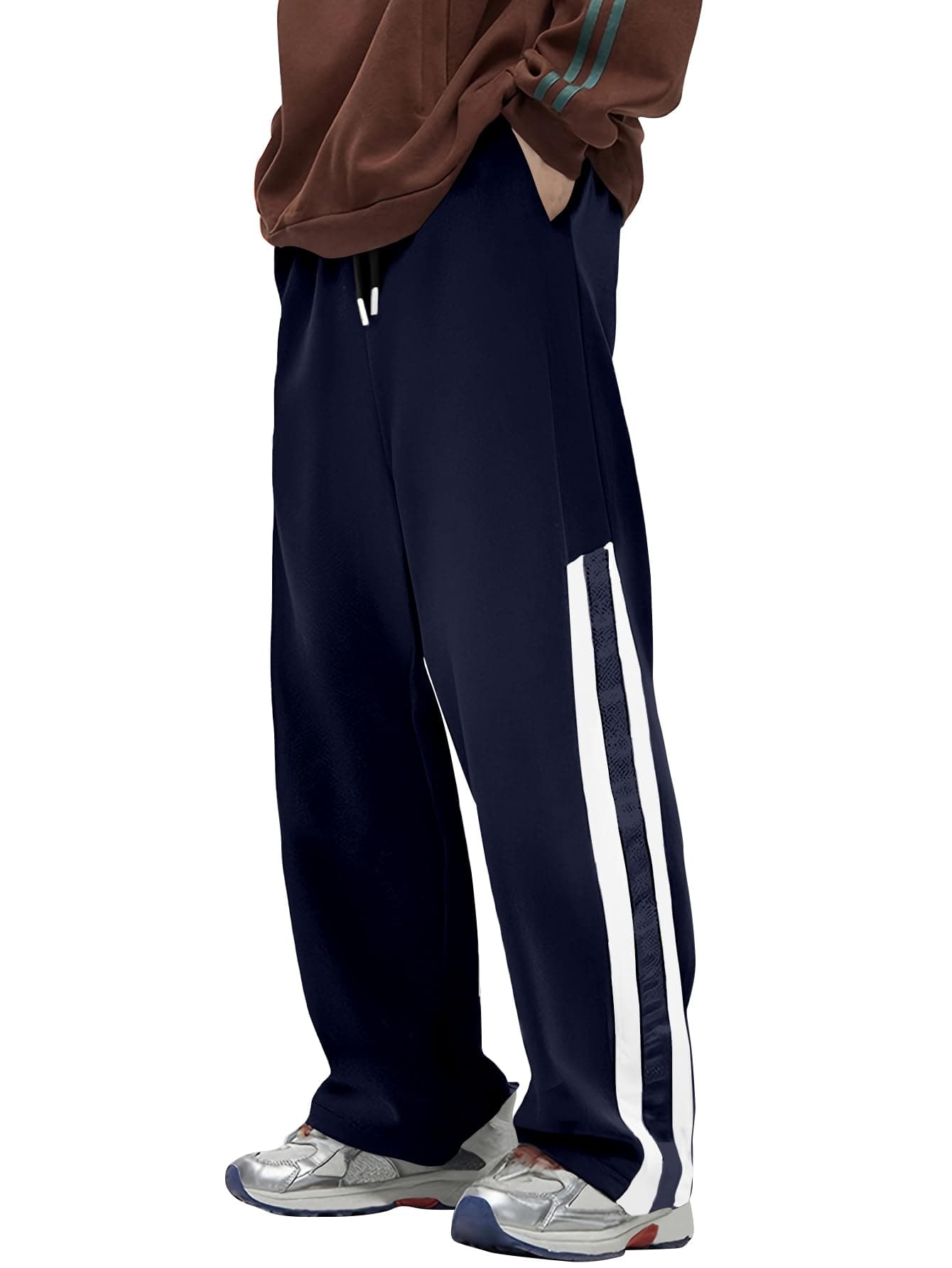 AVANOVA Men's Navy Blue Striped Sports Track Pants – Loose Fit Casual Trousers with Drawstring Waist, Straight-Cut Outdoor Running & Fitness Track Pants, Lightweight (Track 257 Navy Blue-3XL)