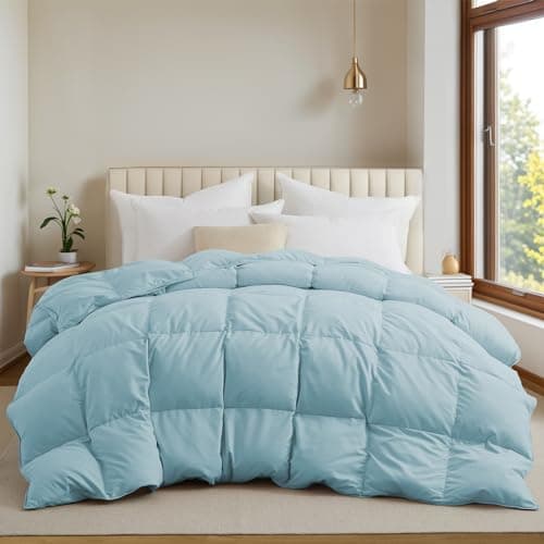 UNIKOME Goose Feather Down Fiber Comforter Queen Size, All Season Duvet Insert with Soft Downproof Cover, Cloud-Like Fluffiness Bed Comforters with Corner Tabs (Full/Queen, Blue, 88"X88")
