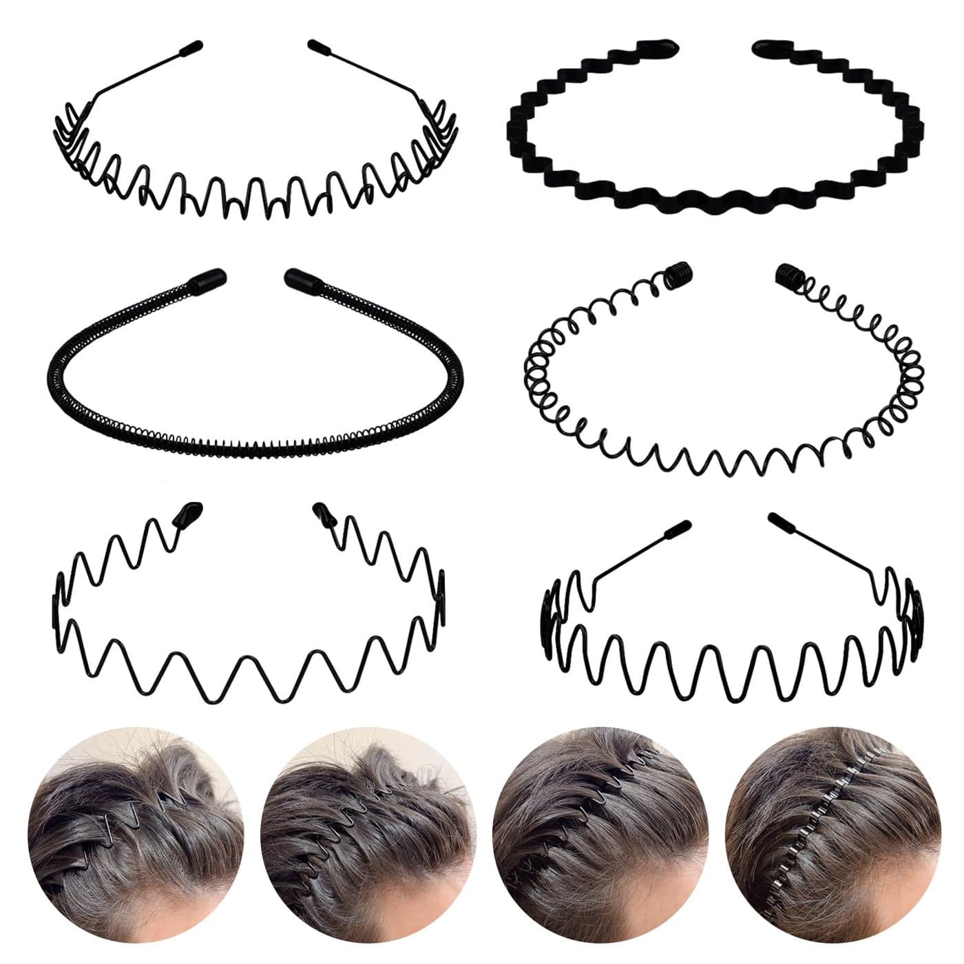 fenshine 6PCS Metal Hair Bands Spring Wavy Hoop Unisex Black Headband Slicked Back Non Slip Sports Hairband for Women Men