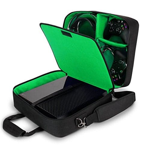 USA Gear Console Carrying Case Fits Xbox One, Series S, Xbox 360 - Travel Case with Water Resistant Exterior, Customizable Accessory Storage for Controllers, Power Cables Gaming Headset & more - Green