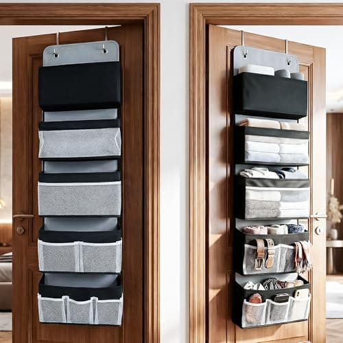 CLAPONE Over the Door Organizer/Large Pockets – Anti-Tilt Hanging Storage for Bedroom/Closet Door Storage/Bathroom/Pantry/Nursery/Bedroom (Black, 5 Shelf Hanging Door)