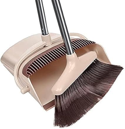 TRADY Broom and Dustpan Set for Home,Long Handle Lightweight 180° Rotating Broom Combo, Standing Dust Pan with CombTeeth for Kitchen Room Office Lobby Floor Cleaning (Cream & Brown)