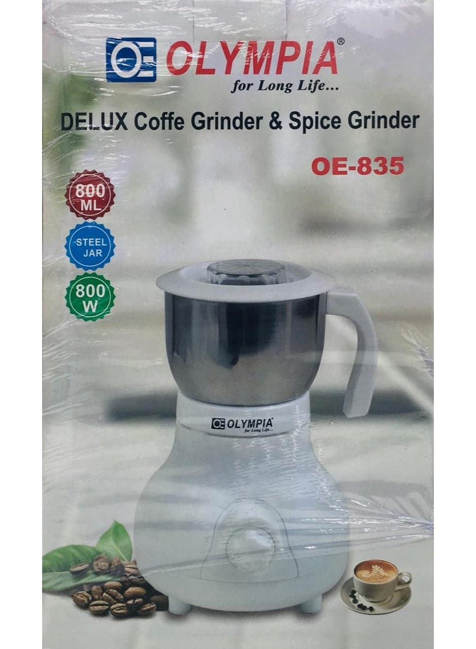 Olympia OE-835 Delux Electric Grinder for Coffee Beans and Spices 800W High Power Motor 800ml Steel Jar Quick Performance Suitable for Home Kitchen Daily Preparation Cooking Appliance Durable Efficient Compact