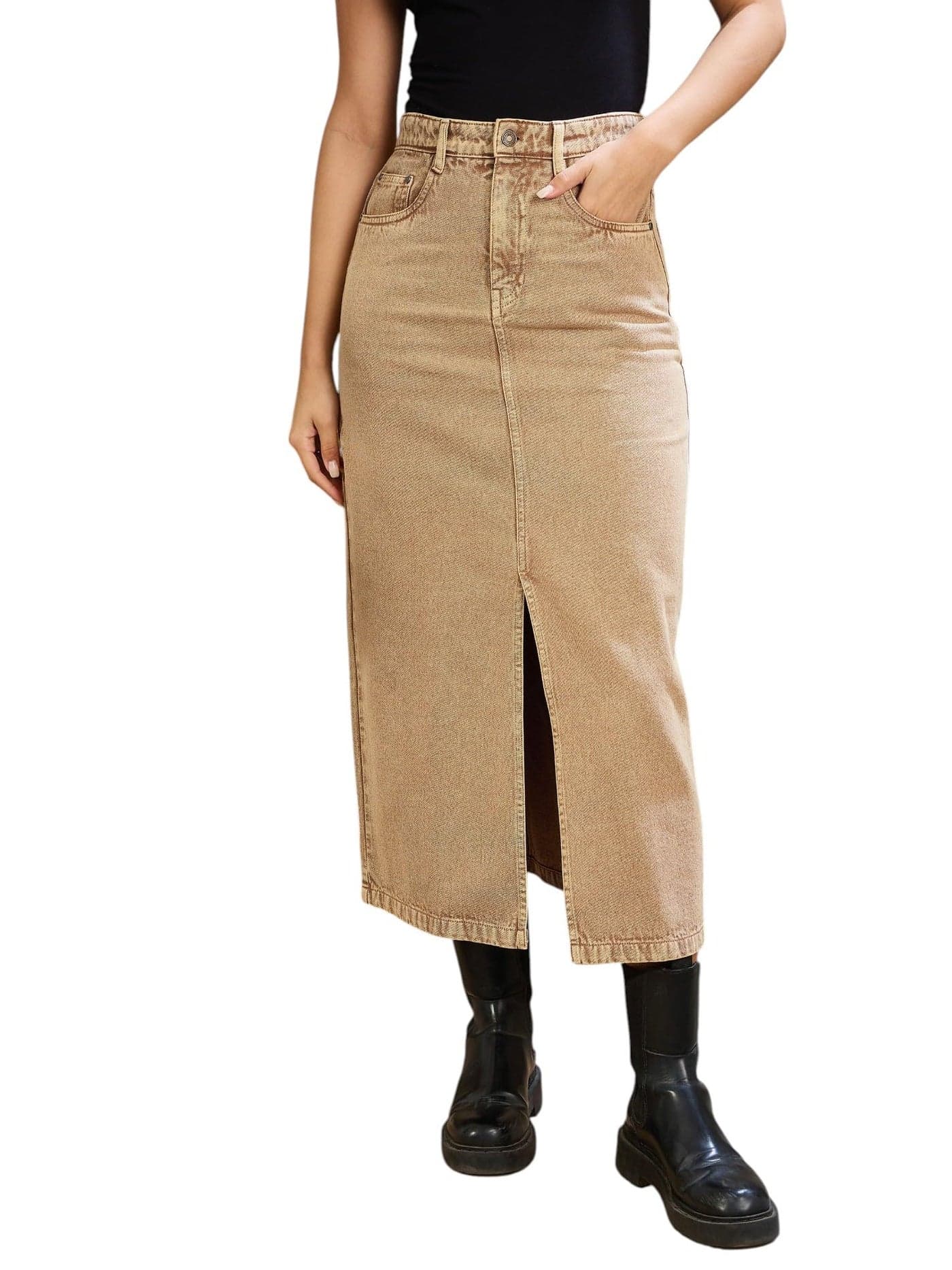 SASSAFRAS Basics Beige Midi Skirt Skirt SFSKRT30478-M40 -XL