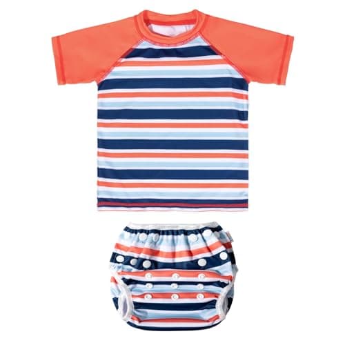 ALVABABY Baby Boy Swimsuit, 2-Piece Infant Toddler Bathing Short Sleeve Swimwear, Small Baby Reusable Swim Diaper with Matching Top