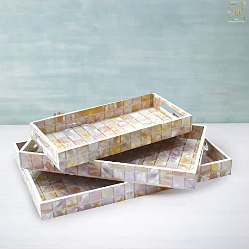 Tranquil Square Wooden Serving Tray Set of 3 White and Grey Colour