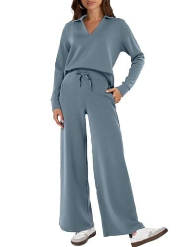 Glamaker Fall Outfits For Women 2024 Long Sleeve Two Piece Sets V Neck Lounge Sets 2 Piece Sweat Set (Dusty Blue XL)