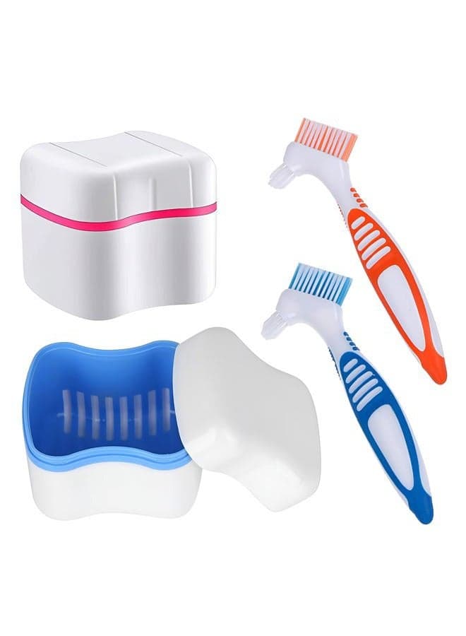 Denture Cleaner Box and Brush Set - 2 Pack Denture Bath Case with Basket + 2 Pack Denture Brush, Portable Denture Retainer Storage Box, False Teeth Brushes for Oral Care (Blue and Red)