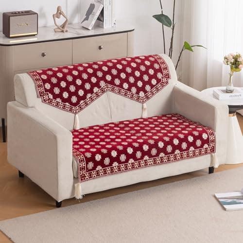 HOKIPO 'Heritage Weave' Premium Jacquard 2 Seater Sofa Cover Set with Tassels – Washable Sofa Panel for Seat & Back | Crimson Red (IN-830 + IN-858-MRN)