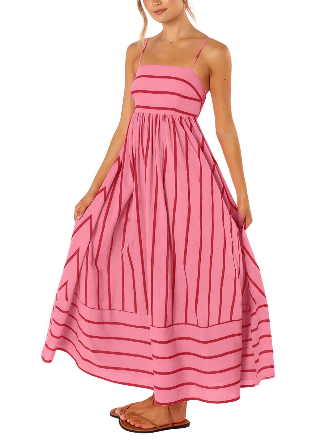 chouyatou Women's Striped Back Smocked Maxi Dress Sexy Spaghetti Strap Cut Out Flowy Swing Long Dress (Large, Watermelon Red)