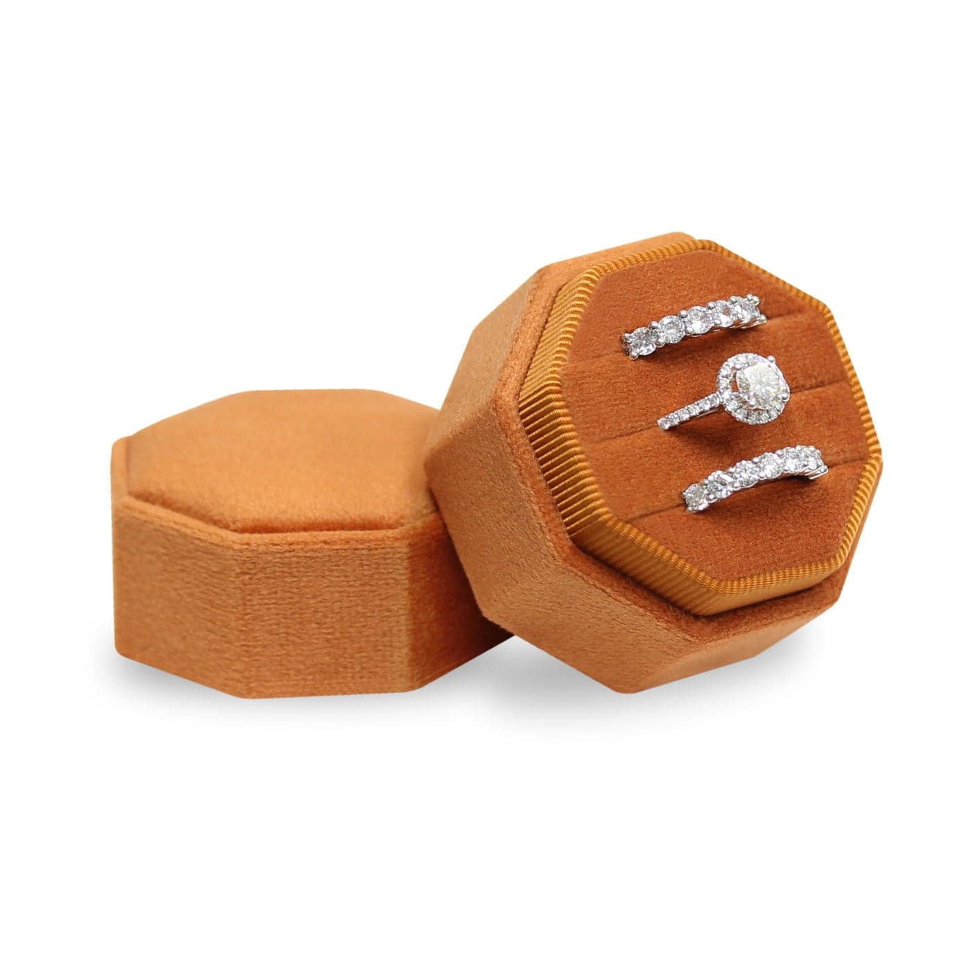BLUTETE Velvet 3 Slots Jewelry Ring Box Engagement Wedding Box Keepsake Box Bridal Photo Ring Triple Slots Octagon Burnt Orange