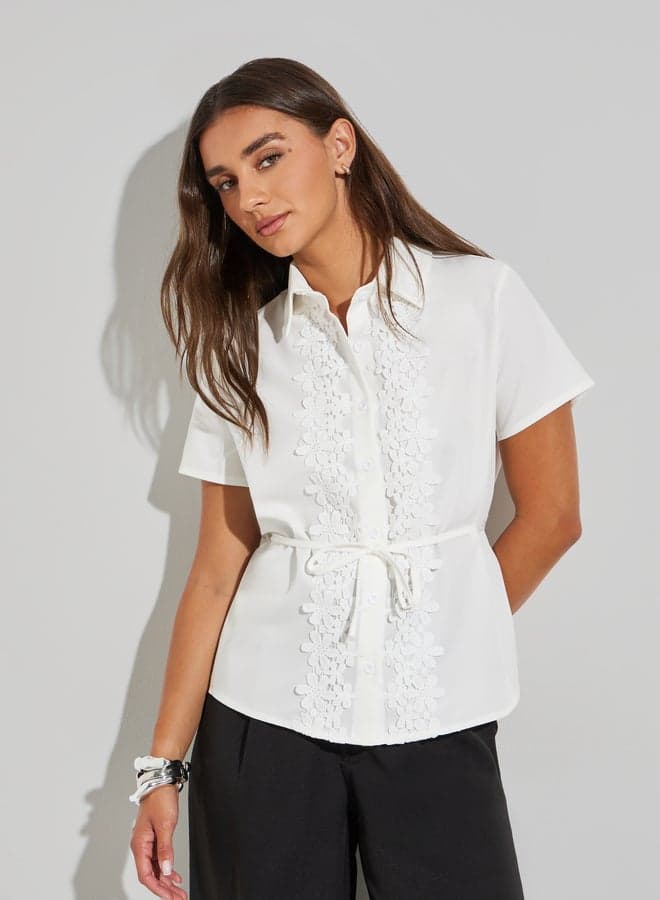 White Embroidered Patch Tie-Waist Shirt